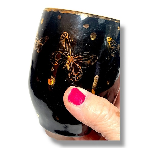 Gold Butterflies on Black Pottery Vase, Pen-Pencil or Makeup Brush Holder - Picture 7 of 11